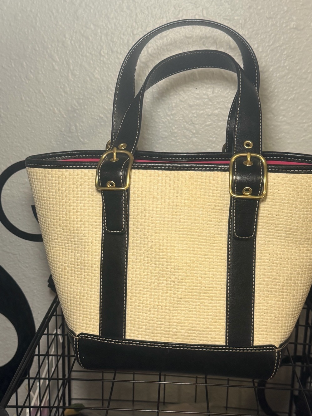 Vintage 2003 Coach Straw Basket Tote Bag Black Leather Trim Pink Lining B3K-8909 - Picture 7 of 8